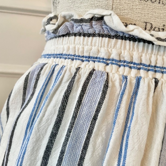 Linen and super soft Rayon blend striped blue black white midi skirt w/ pockets - Picture 3 of 9